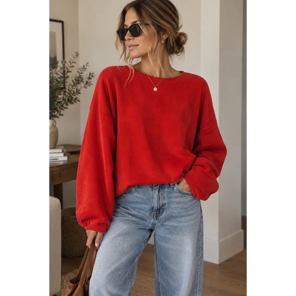 Elodie Red Orange Ribbed Knit Pullover Sweatshirt Crew Neck Long Sleeve Size M